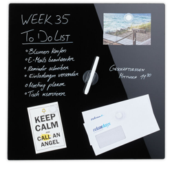 Lavagna Magnetica in Vetro, Scrivibile, Bacheca da Parete, 3 Calamite, Pennarello, HxL: 50 x 50 cm ca., Nera características