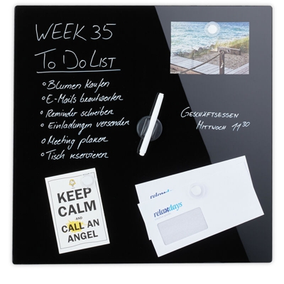 Lavagna Magnetica in Vetro, Scrivibile, Bacheca da Parete, 3 Calamite, Pennarello, HxL: 50 x 50 cm ca., Nera