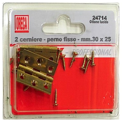 2 CERNIERE TRETTE PIANE CON PERNO FISSO, OTTONE LUCIDO 30X25MM - Oreca