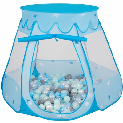 Selonis Tenda 105X90cm/600 Palline Castello Con Palline Colorate Per Bambini, Blu:Perla/Grigio/Trasparente/Azzurro/Menta