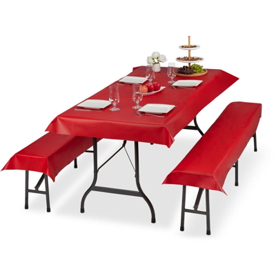 Tovaglie per Tavoli e Panche da Birreria, in Set da 3, Misure LxP 100 x 250 cm, 2 Copri Panca, Lavabili, Rosso
