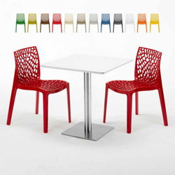 Grand Soleil - Tavolino Quadrato Bianco 70x70 cm con Base in Acciaio e 2 Sedie Colorate Ice Strawberry | Rosso precio