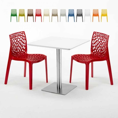 Grand Soleil - Tavolino Quadrato Bianco 70x70 cm con Base in Acciaio e 2 Sedie Colorate Ice Strawberry | Rosso