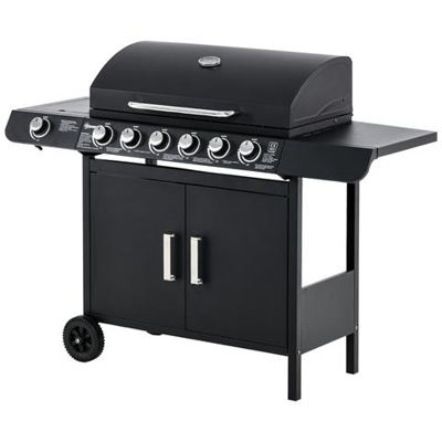 Barbecue A Gas Con Coperchio E Fornello Laterale, Termometro, Mensola E 2 Ruote, 135x50x100cm Nero