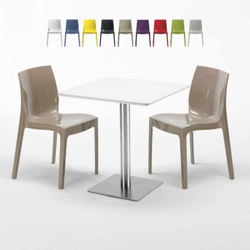 Tavolino Quadrato Bianco 70x70 cm con Base in Acciaio e 2 Sedie Colorate Ice Strawberry | Beige características