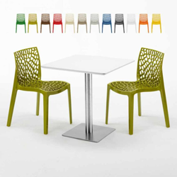 Grand Soleil - Tavolino Quadrato Bianco 70x70 cm con Base in Acciaio e 2 Sedie Colorate Ice Strawberry | Verde Anice en oferta