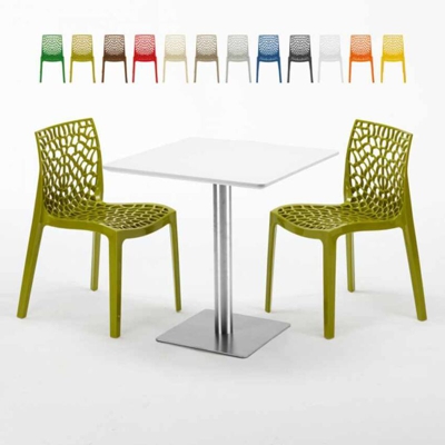 Grand Soleil - Tavolino Quadrato Bianco 70x70 cm con Base in Acciaio e 2 Sedie Colorate Ice Strawberry | Verde Anice