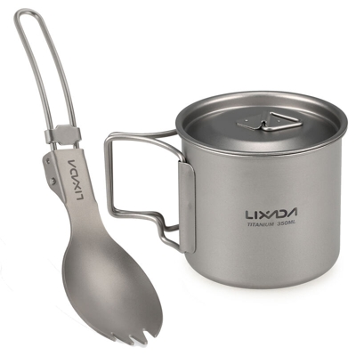Lixada 350ml esterno bicchiere pieghevole portatile di titanio titanio pieghevole forchetta cucchiaio +