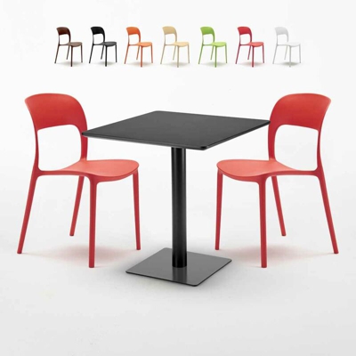 Ahd Amazing Home Design - Tavolino Quadrato Nero 70x70 cm con 2 Sedie Colorate Restaurant Kiwi | Rosso