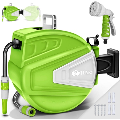 tillvex Avvolgitubo da Giardino 15+2m Verde | Avvolgitubo da Parete e tubo da giardino | Girevole di 180° | Scatola con avvolgitubo automatico |