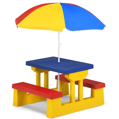 Tavolo da Picnic per Bambini con Parasole Pieghevole, Set di Tavolo e Panche per Giardino Esterno (rosso+blu+giallo)