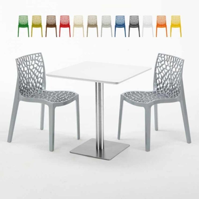 Grand Soleil - Tavolino Quadrato Bianco 70x70 cm con Base in Acciaio e 2 Sedie Colorate Ice Strawberry | Grigio