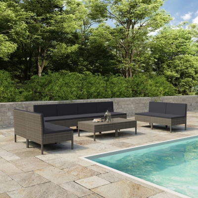 YOUTHUP Set Divani da Giardino 10 pz con Cuscini in Polyrattan Grigio - Grigio