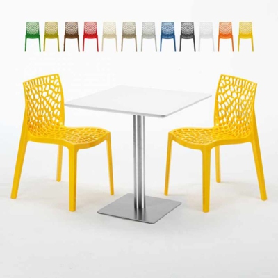 Tavolino Quadrato Bianco 70x70 cm con Base in Acciaio e 2 Sedie Colorate Ice Strawberry | Giallo