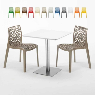 Tavolino Quadrato Bianco 70x70 cm con Base in Acciaio e 2 Sedie Colorate Ice Strawberry | Beige Juta
