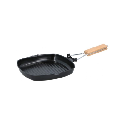 Bistecchiera Antiaderente Piastra Griglia Con Manico Pieghevole In Legno 24X24Cm