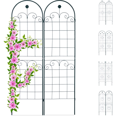 Set 2 Grigliati da Giardino per Rampicanti, in Metallo 180x50cm Design Arco e Cuore, ad Incastro, Verde Scuro
