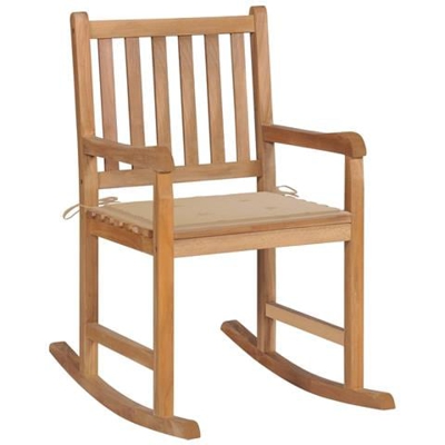 Sedia A Dondolo Con Cuscino Beige In Massello Di Teak