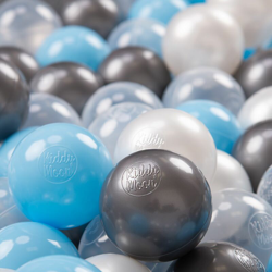 KiddyMoon 100 ? 7CM Palline Morbide Colorate Per Piscina Bambini Fatto In EU, Trasparente/Argento/Perla/Azzurro - trasparente/argento/perla/azzurro características