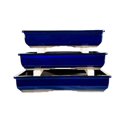 Vasi per bonsai Giapponesi Morrisan rettangolari in gres smaltato blu (Set da n.3 pezzi) - B19-33