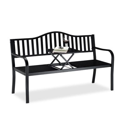 Panca da Giardino con Tavolino Pieghevole, 3 Posti, Tavolo Integrato, HxLxP 90 x 150 x 57,5 cm, Nero