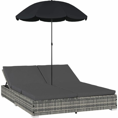 Lettino Prendisole con Ombrellone in Polyrattan Grigio - Grigio - Vidaxl
