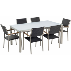 Set tavolo e sedie da giardino - In vetro temperato bianco e rattan - tavolo 180 con 6 sedie - GROSSETO en oferta