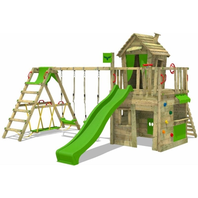 FATMOOSE Parco giochi in legno CrazyCat Giochi da giardino con altalena SurfSwing e scivolo mela verde Casetta da gioco per l'arrampicata con scala