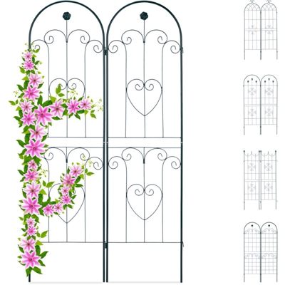 Set 2 Grigliati per Rampicanti, in Metallo 180x50cm Design ad Archi Fiori e Cuori, ad Incastro, Verde Scuro