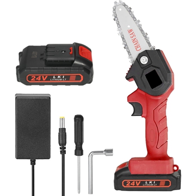 Asupermall - Sega a catena rossa, standard europeo, mini batteria al litio da 24 V (una batteria e una carica)