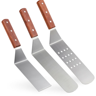 Relaxdays - Set da 3 Spatole da Barbeque, Cucina, Grill, in Acciaio Inox e Manico in Legno, Raschietto, Marrone e Grigio