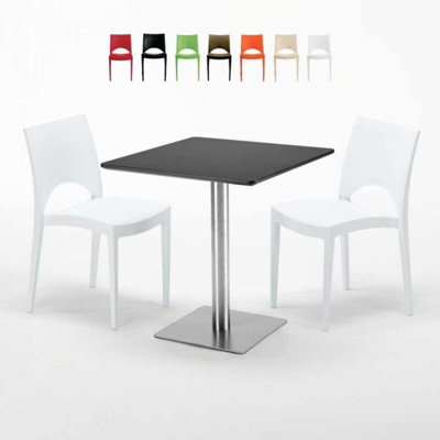 Tavolino Quadrato Nero 70x70 cm con 2 Sedie Colorate Paris Rum Raisin | Bianco