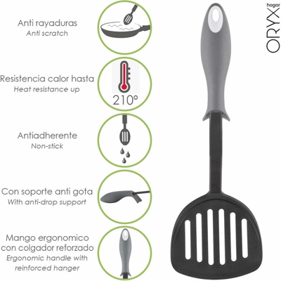 Spatola da cucina in nylon con manico in gomma antigoccia 34,5 x 11 cm.