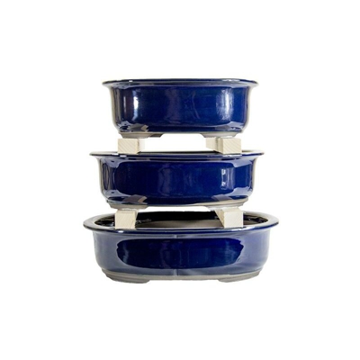 Vasi per bonsai Giapponesi Morrisan ovali in gres smaltati blu (Set da n.3 pezzi) - B21-26