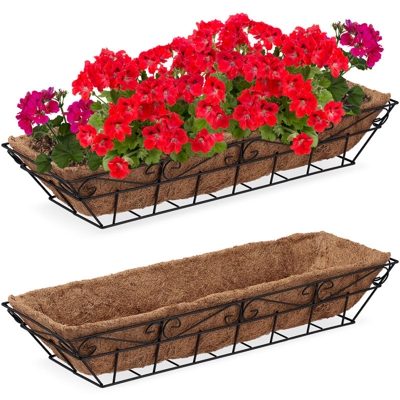 Fioriera, Set da 2 Porta Vaso, con Inserto in Fibra di Cocco, Giardino, Ferro, HxLxP 11,5 x 75 x 21,5 cm, nero