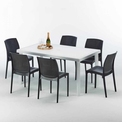 Grand Soleil - Tavolo Rettangolare Bianco 150x90 cm con 6 Sedie Colorate Bohème Summerlife | Nero