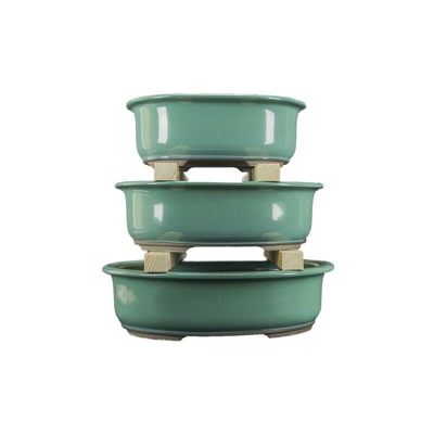 Vasi per bonsai Giapponesi Morrisan ovali in gres smaltati verde (Set da n.3 pezzi) - B21-23