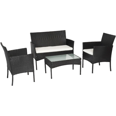 Beneffito - TULUM - Mobili da giardino in resina intrecciata NERA - 4 posti: 1 divano, 2 poltrone, 1 tavolino - Cuscini BEIGES con cerniera - Beige