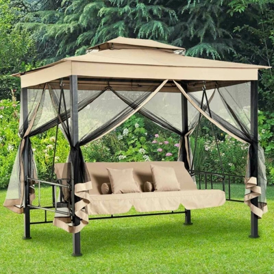 Dondolo Letto 3 Posti Con Gazebo Parasole Zanzariera Giardino Beige 257x174x235