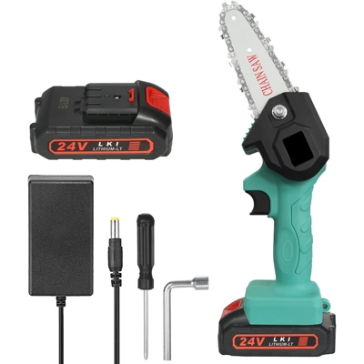 Asupermall - Motosega a catena verde, standard europeo, mini batteria al litio da 24 V (una batteria e una carica)