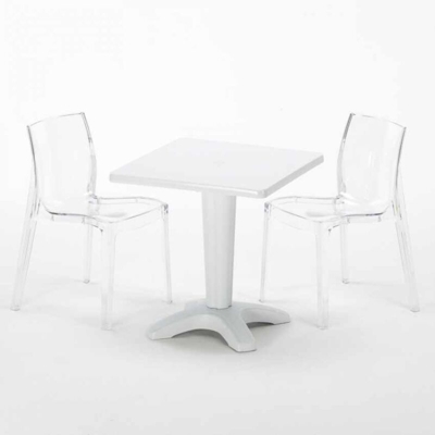 Grand Soleil - Tavolino Quadrato 70x70 cm e 2 Sedie Colorate Trasparenti Caffè | Femme Fatale Trasparente - Bianco