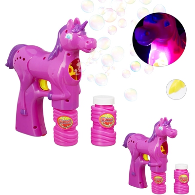 Relaxdays - Set di 2 Pistole Sparabolle a Forma di Unicorno a LED, a Batteria 2x Liquido per Bolle Ciascuna per Bambini Color Fucsia