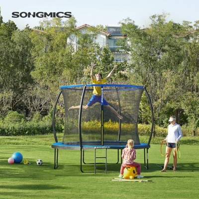 Songmics - Trampolino, Tappeto Elastico da 305cm per Giardino con Scaletta, Rete di Sicurezza, Pali ad Arco Ricoperti, Test di Sicurezza TÜV