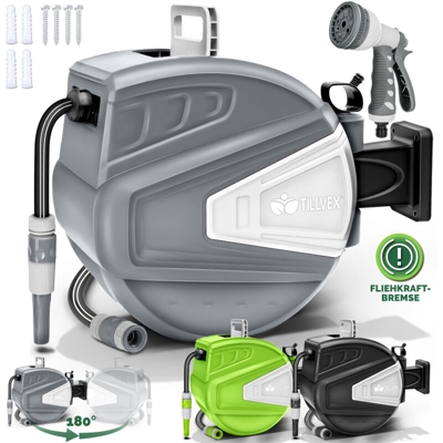 tillvex Avvolgitubo da Giardino 20+2m Nero | Avvolgitubo da Parete e tubo da giardino | Girevole di 180° | Scatola con avvolgitubo automatico |