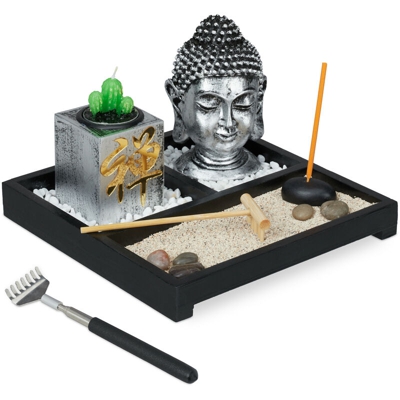 Giardino Zen, con Buddha, Pietre, Sabbia, Porta Incenso & Portalumino, Rilassante, Decorazione Feng Shui, Nero