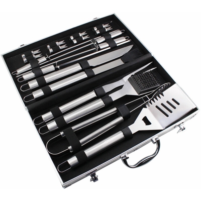 Todeco - Set Di Attrezzi Per Barbecue, Kit Barbecue Per Barbecue, 18 utensili di acciaio inox, con custodia in alluminio, Materiale: Lega di alluminio