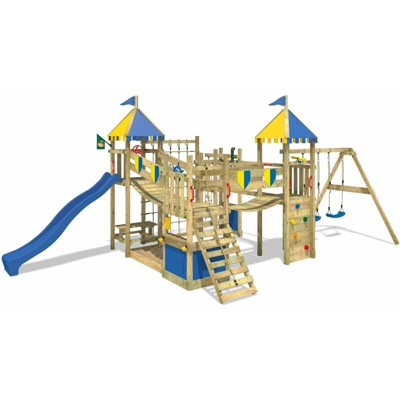 WICKEY Parco giochi in legno Smart King Giochi da giardino con altalena e scivolo blu Torre d'arrampicata da esterno con sabbiera e scala di risalita