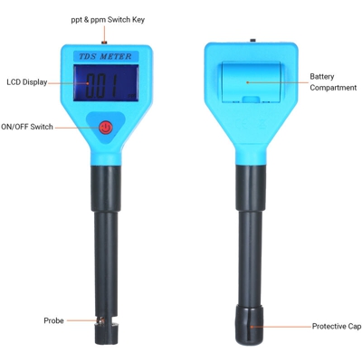 Rilevatore TDS analizzatore della qualita dell'acqua retroilluminato blu spedito senza batteria