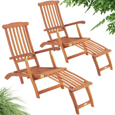 2x Lettino prendisole Queen Mary in legno di acacia poggiapiedi rimovibile Sedia a sdraio da giardino esterno piscina spiaggia mare