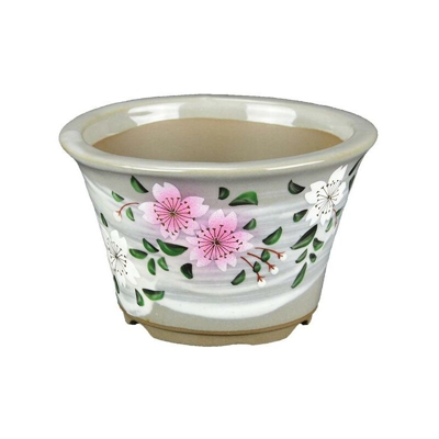 Vaso da collezione per bonsai Giapponese Kutani rotondo in gres smaltato manualmente 10,5x10,5x6,5 cm - B26-7